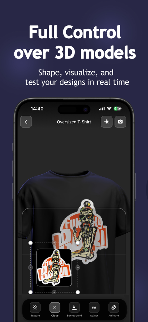 StokX:3DMockups Clothes Design - Interfaz de la aplicación móvil StokX mostrando una maqueta 3D de camiseta oversized con diseño gráfico y herramientas de edición