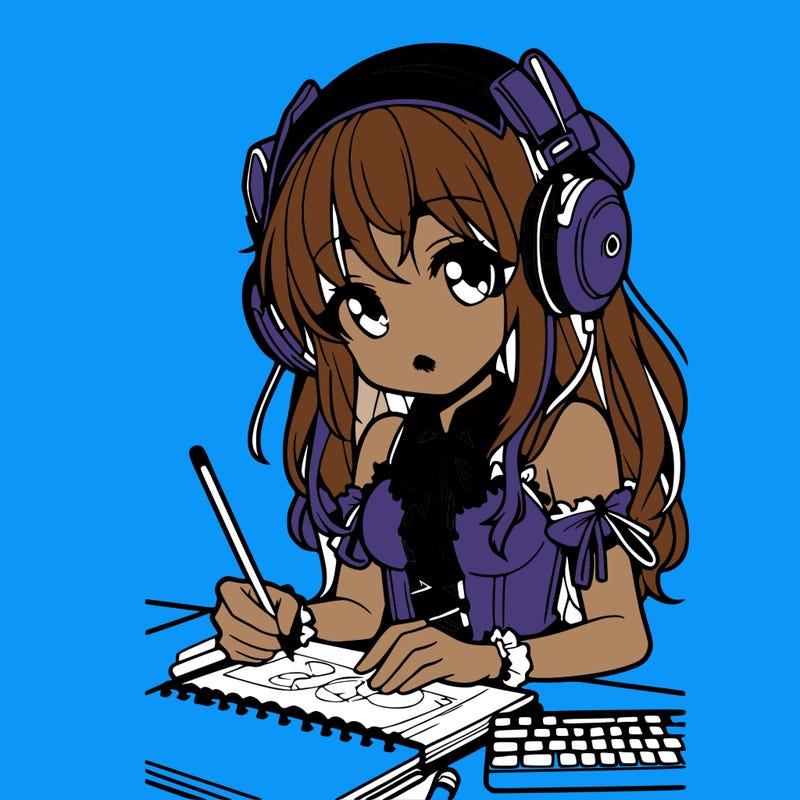 manga girl wearing headphones and drawing in sketchbook