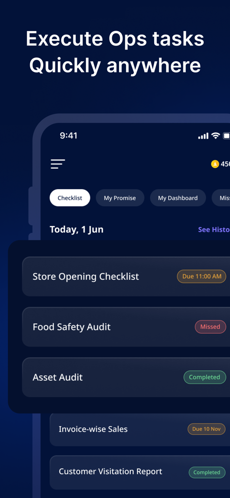 Accrue App-Oberfläche, die eine tägliche Checkliste für Frontline-Mitarbeiter mit Aufgaben wie Store-Öffnung und Sicherheitsaudits zeigt