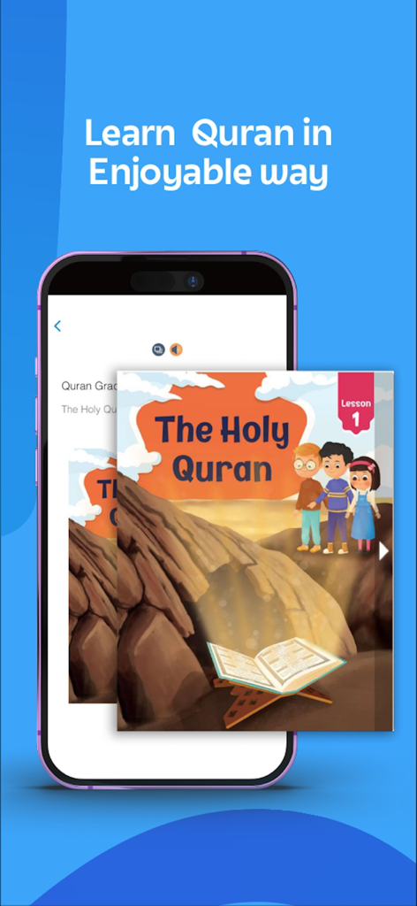Studio Arabiya app interface showing an illustrated Quran lesson for children with a headline saying Learn Quran in Enjoyable way