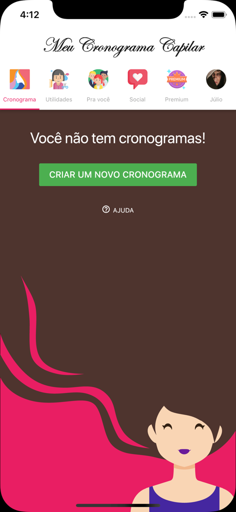 Startbildschirm der Haarzeitplan-App mit einer Schaltfläche zum Erstellen eines neuen Zeitplans.