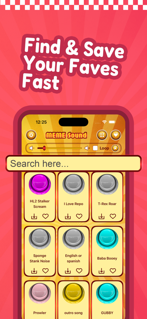 Tela de pesquisa do aplicativo Meme Soundboard mostrando botões para sons virais e clipes de reação.