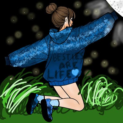 realistic girl jumping with a bun and oversized sweatshirt