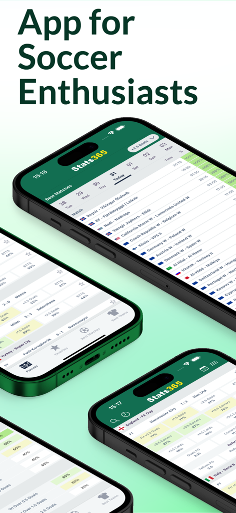Stats 365 모바일 앱 화면은 축구 애호가를 위한 실시간 축구 라이브 스코어와 상세 경기 통계를 보여줍니다.