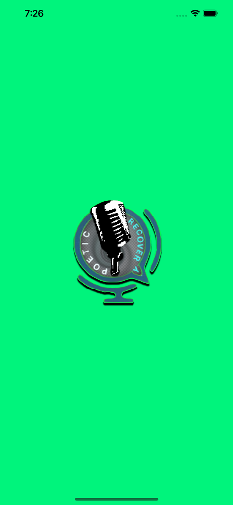 POETIC RECOVERY RADIO - Poetic Recovery Radio splash screen featuring a microphone and globe logo on a green background