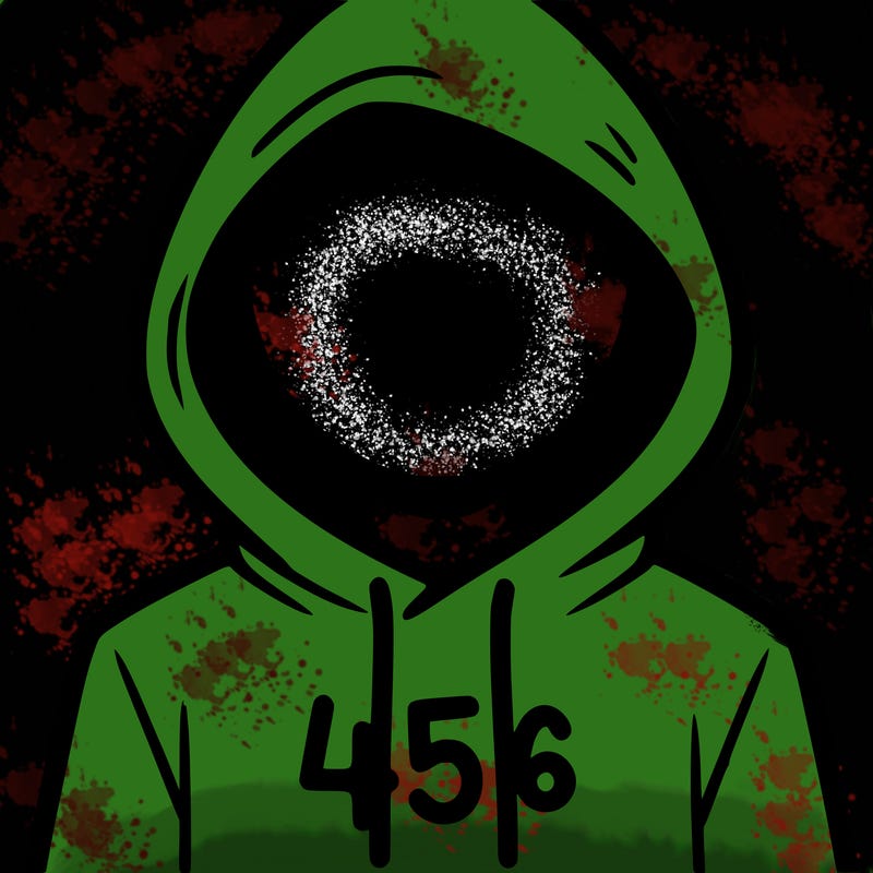 a person with non face waering a hoodie with a 456 symbol