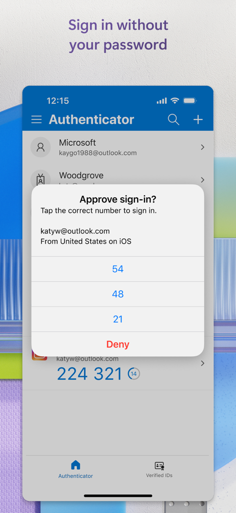 A mobile interface for Microsoft Authenticator showing a sign-in approval request with a number matching security prompt.