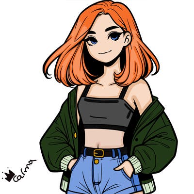 a realistic girl with a crop top and short shorts in an open jacket