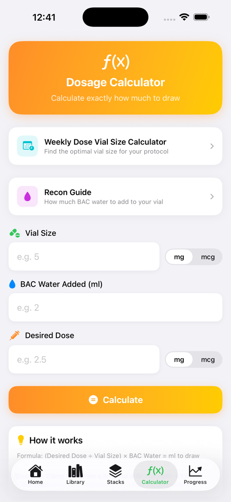 PepWise - Peptide Tracker - Interface of the PepWise app dosage calculator showing input fields for vial size and water volume