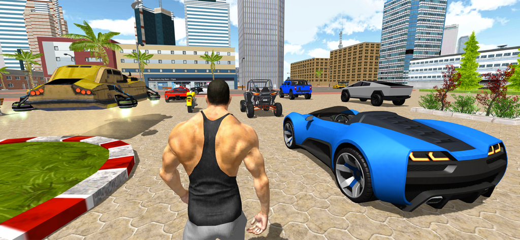 Third person view of a character in a city surrounded by diverse vehicles including a blue sports car and a hovercraft