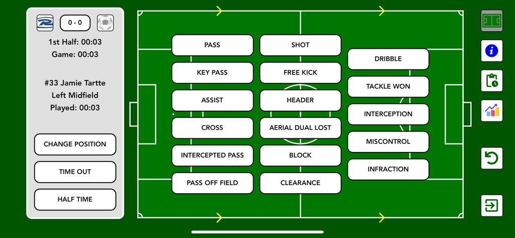Soccer Rankings - Soccer Rankings app interface for live match statistics tracking on a soccer field layout