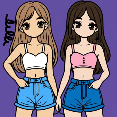 two sisters with crop tops and jean shorts and straight hair