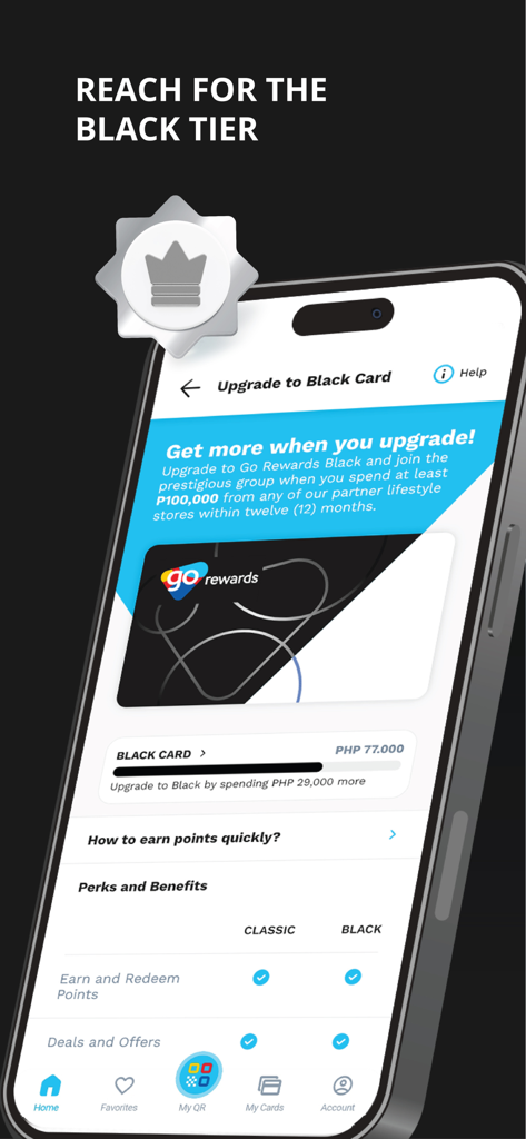 Go Rewards PH - Go Rewards PH app screen showing details and benefits of the Black Card membership tier upgrade