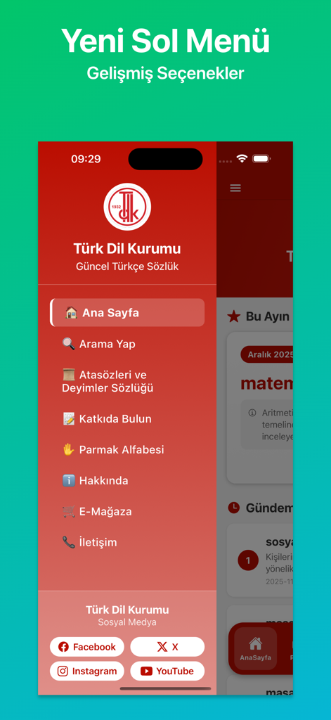 Menu de navegação lateral do aplicativo Dicionário Turco TDK mostrando opções de busca, provérbios e expressões idiomáticas.