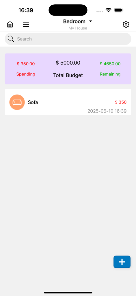 RenBudg app interface displaying bedroom renovation spending and remaining budget