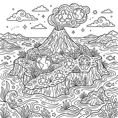 Ignite your passion for the planet with this captivating coloring page depicting a vibrant volcanic island. This intricate design beautifully merges natural wonders with powerful Earth Day messages of recycling and environmental protection.