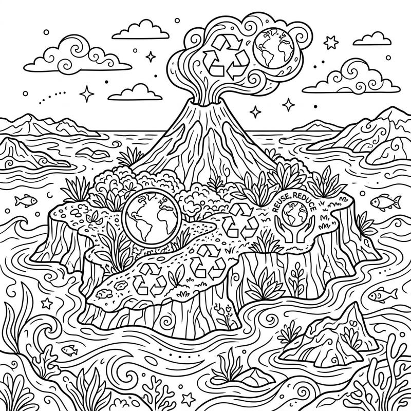Ignite your passion for the planet with this captivating coloring page depicting a vibrant volcanic island. This intricate design beautifully merges natural wonders with powerful Earth Day messages of recycling and environmental protection.