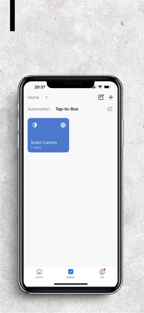GW Security app interface showing smart camera control and automation scene s