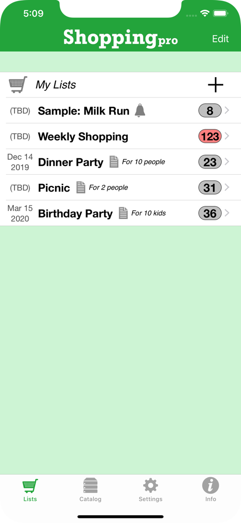 Shopping Pro (Grocery List) - Interfaz de la aplicación Shopping Pro mostrando múltiples listas de la compra, incluyendo Compra Semanal y Fiesta de Cena con recuentos de artículos.
