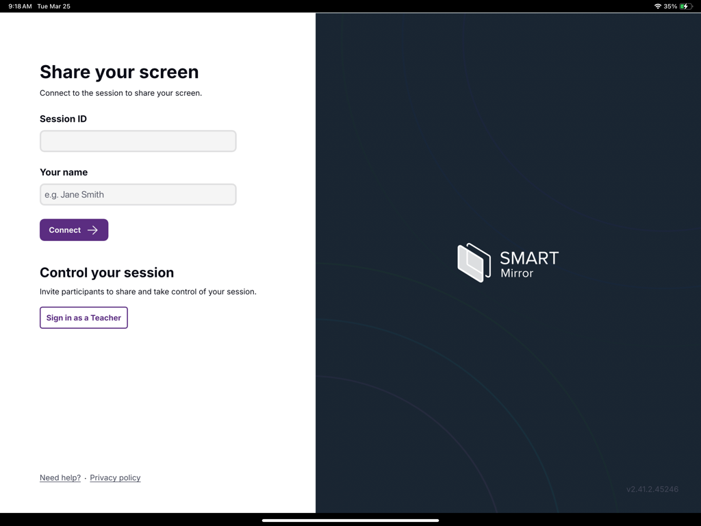 SMART Mirror app connect screen with session ID and teacher sign in options