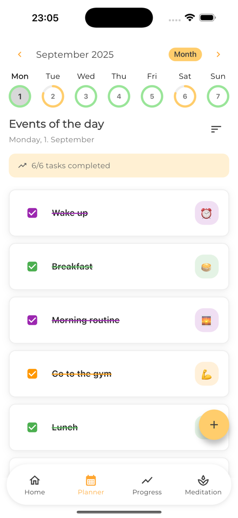 Bati - Recovery in your pocket - Bati App Daily Planner Benutzeroberfläche mit einer Checkliste abgeschlossener Aufgaben wie Morgenroutine und Bewegung.
