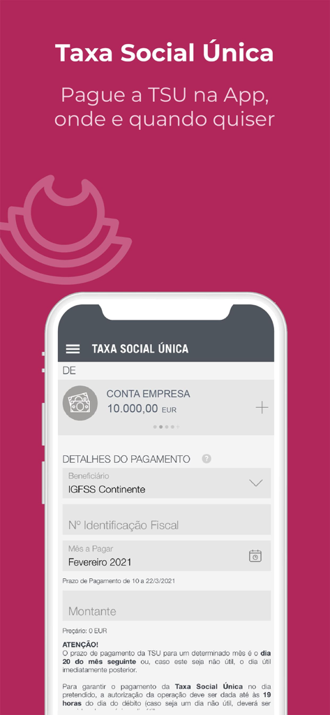 M Empresas app interface for making a Taxa Social Unica or Social Security payment.