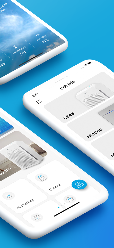 Winix Smart - Winix Smart app screens showing air purifier management and air quality history