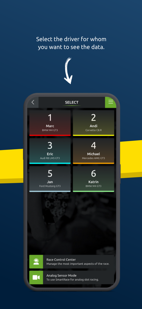 SmartRace Connect interface showing a list of drivers and cars to select for real time race data