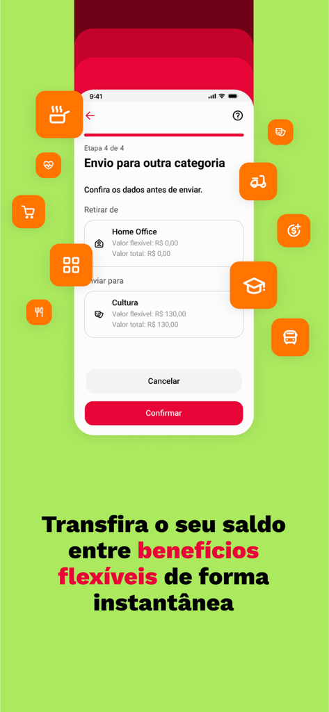 Caju - Benefícios por inteiro - Mobile interface of the Caju app showing the instant transfer of balance between different flexible benefit categories like Home Office and Culture.