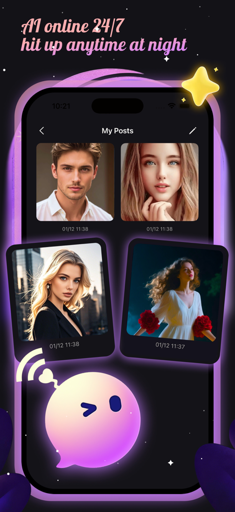 Midn: Night Chat - Interface do aplicativo Midn mostrando postagens de perfil de usuário e uma mensagem de disponibilidade de chat de IA 24 horas por dia, 7 dias por semana, com um mascote rosa