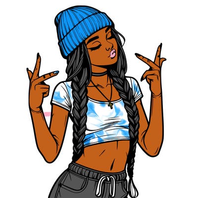 realistic teenage girl with braids and a beanie and crop top doing 🫶🏼