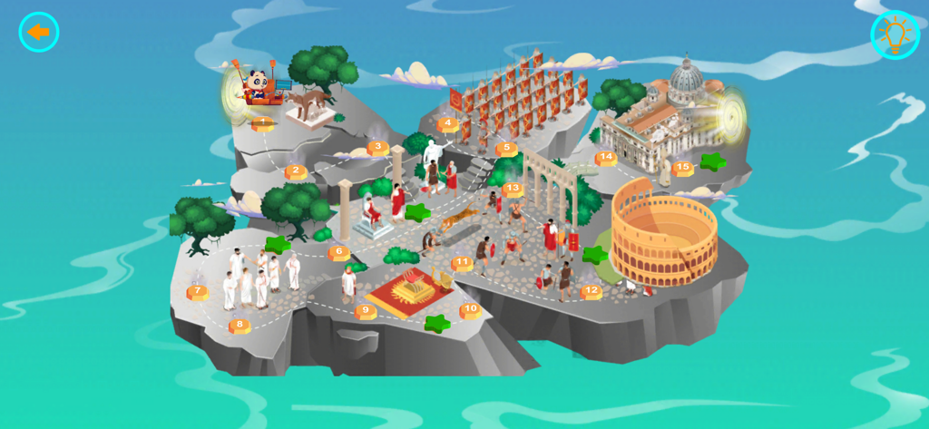 Kideo Land - Carte de jeu éducative sur le thème de la Rome antique montrant des niveaux numérotés dans l'application Kideo Land