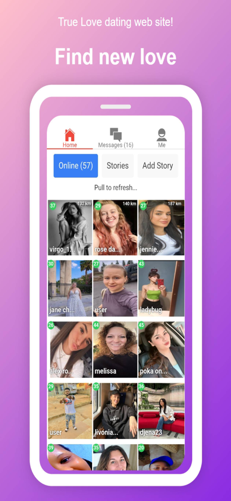 True Love dating app home screen featuring a grid of online user profiles