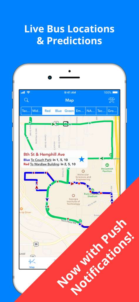GT Buses - Interface of the GT Buses app showing a live campus map with bus routes and arrival predictions