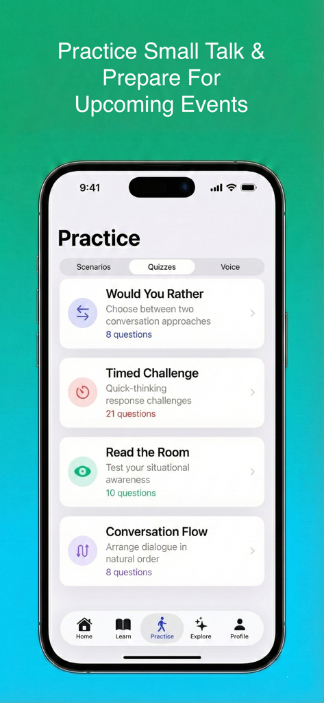 Small Talk Mastery - Small Talk Mastery app interface showing different conversation practice quizzes and challenges