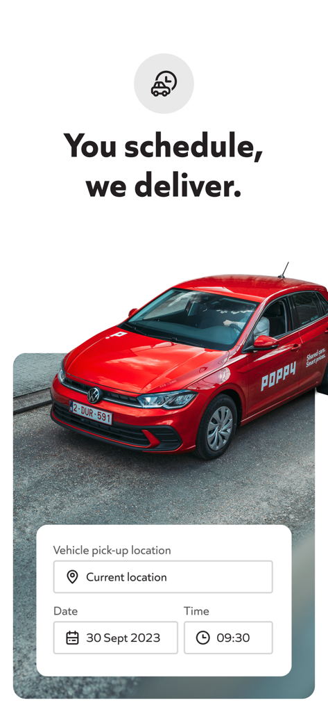 A red car from the Poppy sharing service with a mobile app booking screen for scheduling a pick up