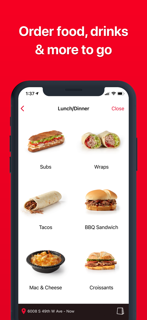 QuikTrip: Coupons, Fuel, Food - QuikTrip mobile app interface showing a lunch and dinner menu with food items like subs, wraps, and tacos