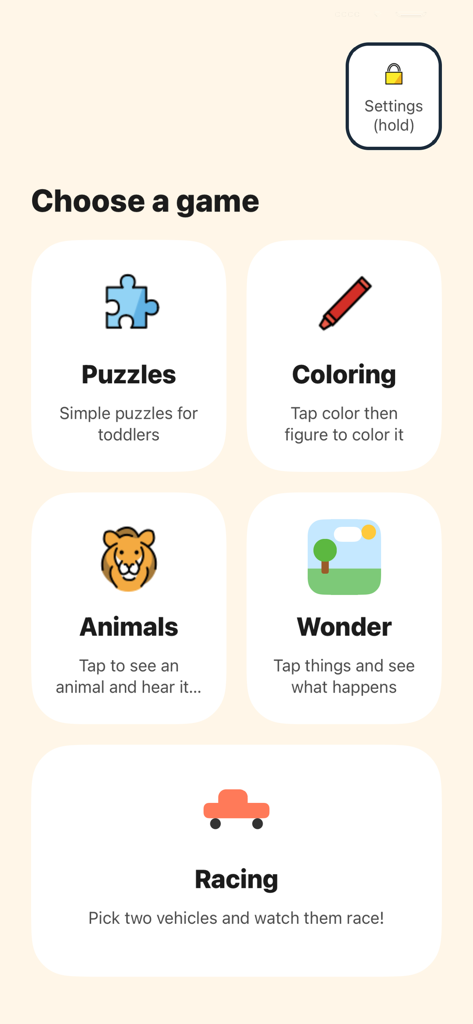 MiniKids Ultimate - Menú principal de MiniKids Ultimate que muestra opciones de juego como rompecabezas, colorear, animales y carreras para niños pequeños.