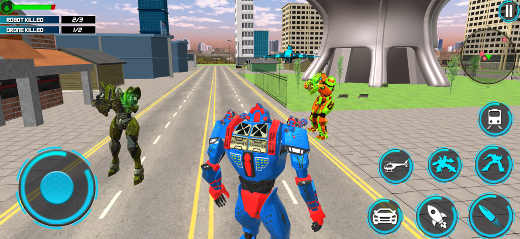 War Machines:Battle Robot Game - Vista en tercera persona de un robot azul enfrentándose a robots enemigos en una calle de ciudad futurista