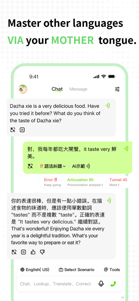 TalkAI-Language Speaking - A mobile screenshot of the TalkAI app showing an AI tutor correcting a user's English grammar in a chat interface.