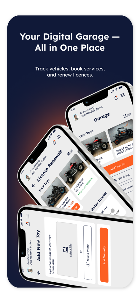 UB Leisure: Bikes Boats SxS - Mobile app screens showing the UB Leisure digital garage for tracking powersports vehicles and managing license renewals