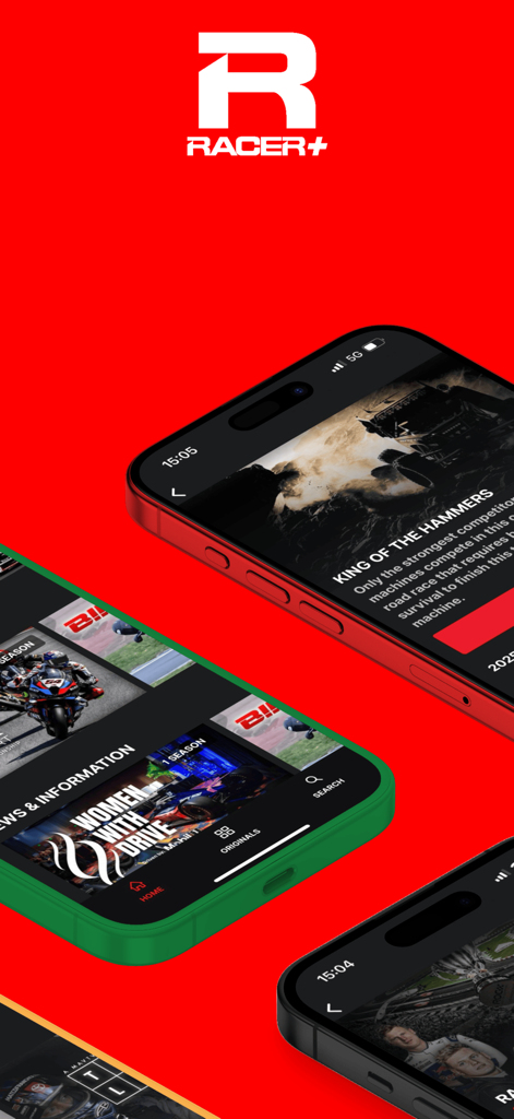 RACER+ - RACER plus motorsports streaming app interface displayed on multiple smartphones