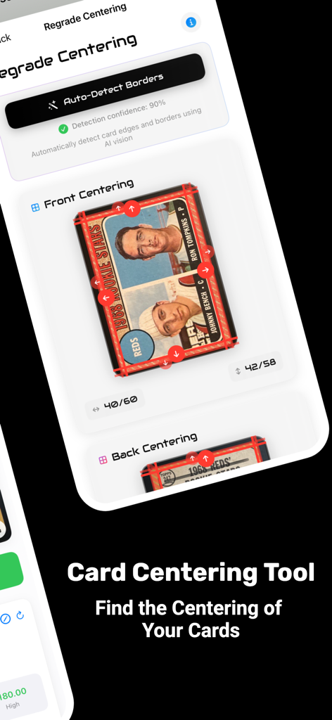 Binder AI: Card Grading Tool - Binder AI app interface showing the card centering tool analyzing a vintage baseball card with digital grid lines and centering ratios