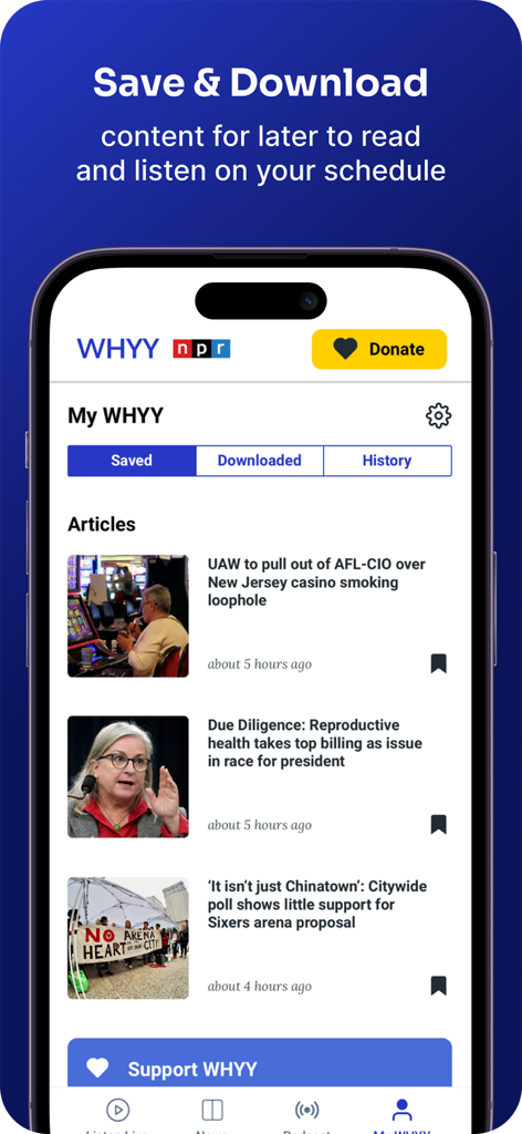 Smartphone screen showing saved news articles in the My WHYY section of the WHYY Listen app.