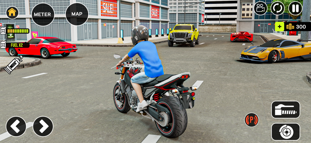 A motorcycle rider in a city street during gameplay of High Ground Sports Bike Sim 3D.