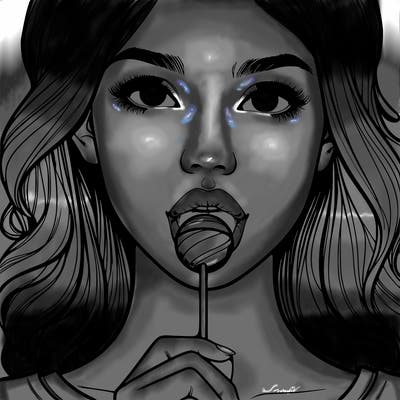 a realistic girl with a lollipop in her mouth