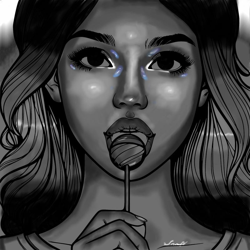a realistic girl with a lollipop in her mouth