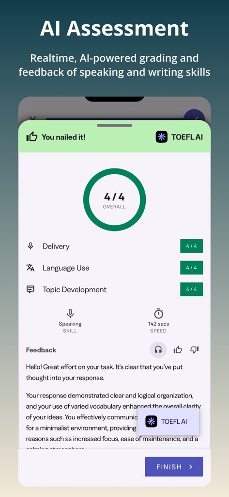 Screenshot showing AI assessment results in the Official TOEFL Practice app with detailed feedback on speaking and writing skills