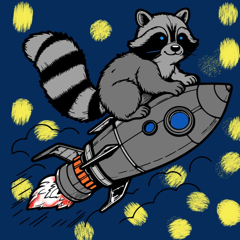 realistic raccoon flying on top rocket ship
