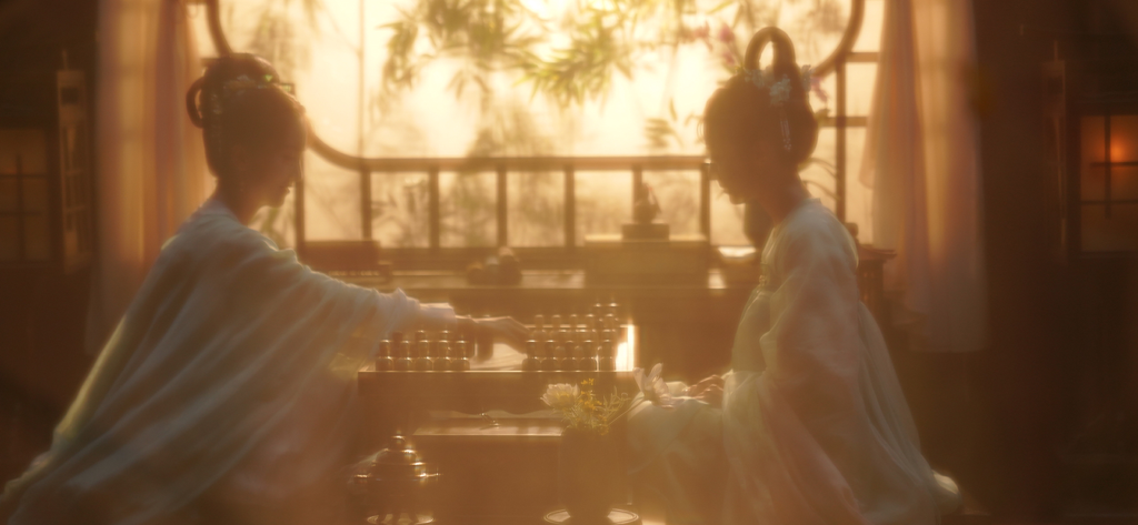 Road to Empress I - Two women playing a traditional board game in a sunlit ancient Chinese palace